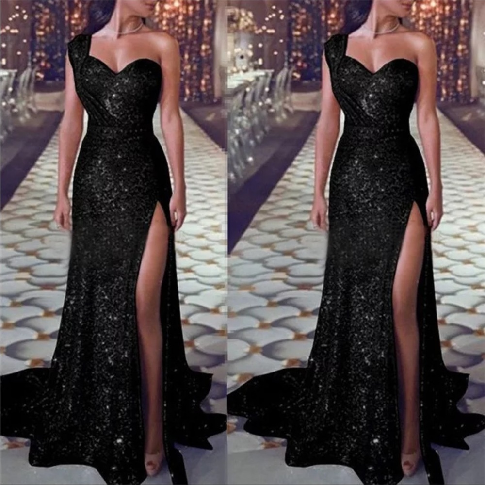 Black Sparkle Glitter high slit gown